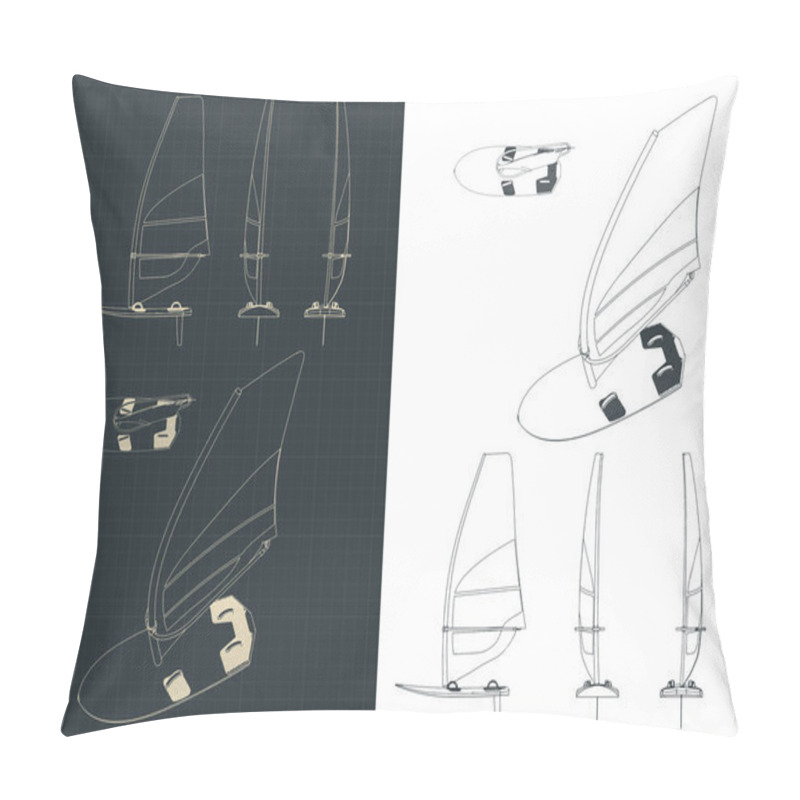 Personality  Stylized Vector Illustration On The Theme Of Windsurfing. Windsurf Drawings Set Pillow Covers