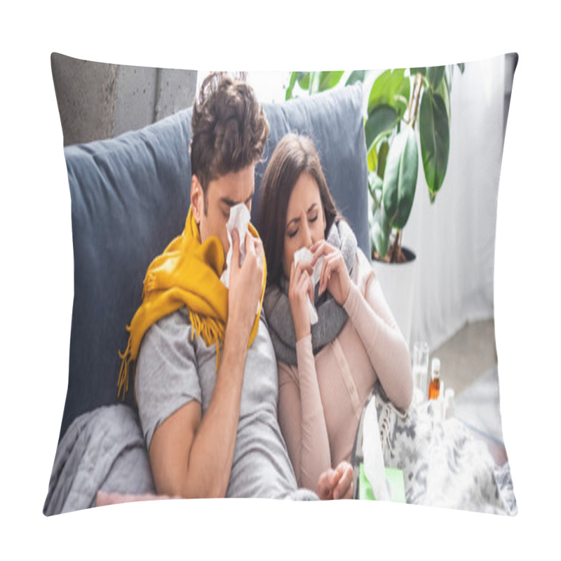 Personality  Panoramic Shot Of Sick Girlfriend And Boyfriend Sneezing And Holding Napkins Pillow Covers