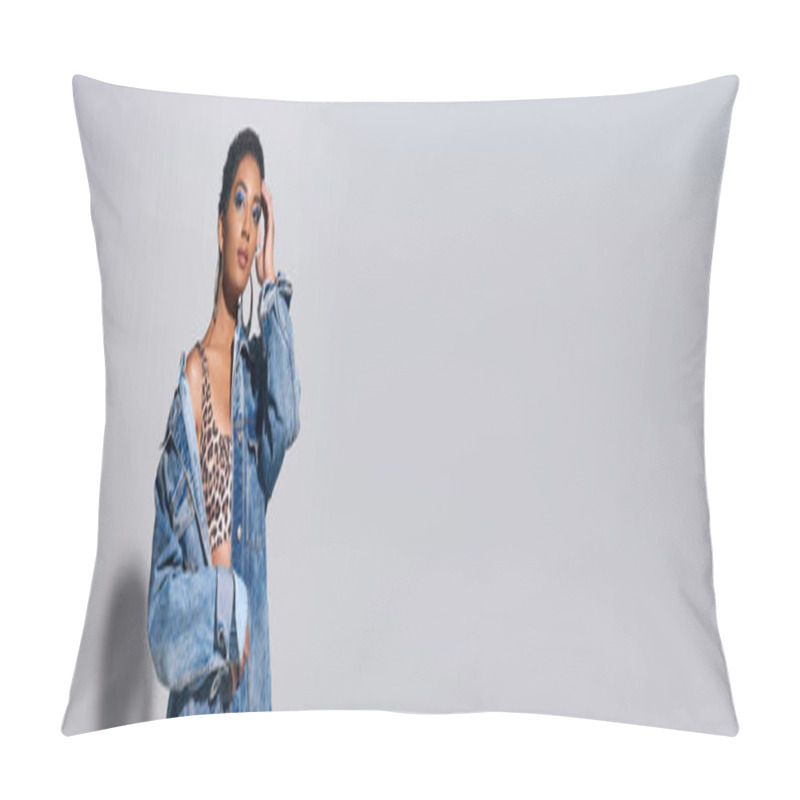 Personality  Short Haired Young African American Woman With Bold Makeup And Golden Earrings Touching Head While Posing In Top And Denim Jacket On Grey Background, Denim Fashion Concept, Banner  Pillow Covers