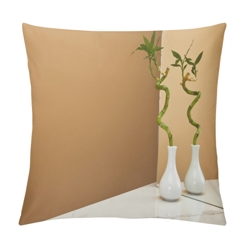 Personality  Green Bamboo Stem In Vase And Mirror On White Marble Table And Beige Background Pillow Covers