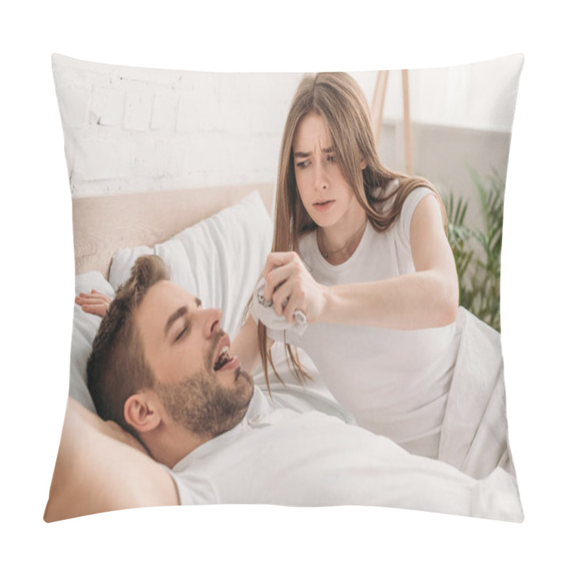 Personality  Dissatisfied Woman Holding Hanky Near Face Of Snoring Husband Pillow Covers