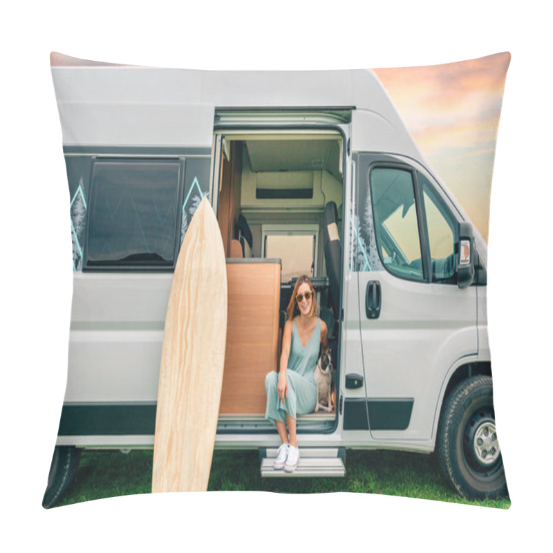 Personality  Happy Young Woman Sitting With Her Boston Terrier Dog At The Door Of Her Camper Van During A Trip Pillow Covers