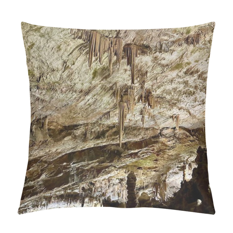 Personality  A Photograph Captures A Close-up Of Vibrant Stalactites Within A Secluded Cave. Pillow Covers