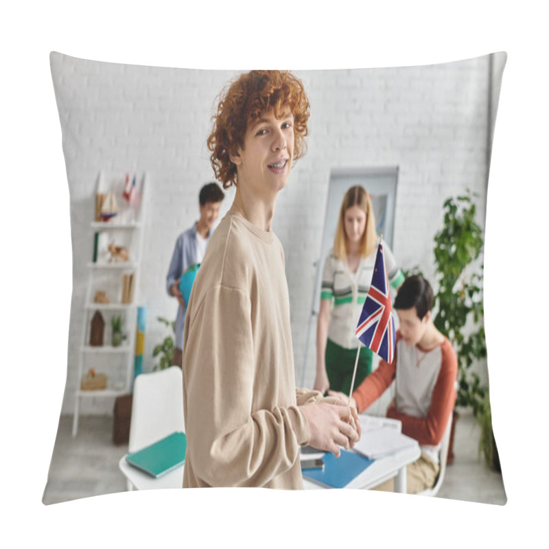 Personality  Teenage Boy Holds A British Flag At A UN Model Simulation, Surrounded By Other Participants. Pillow Covers