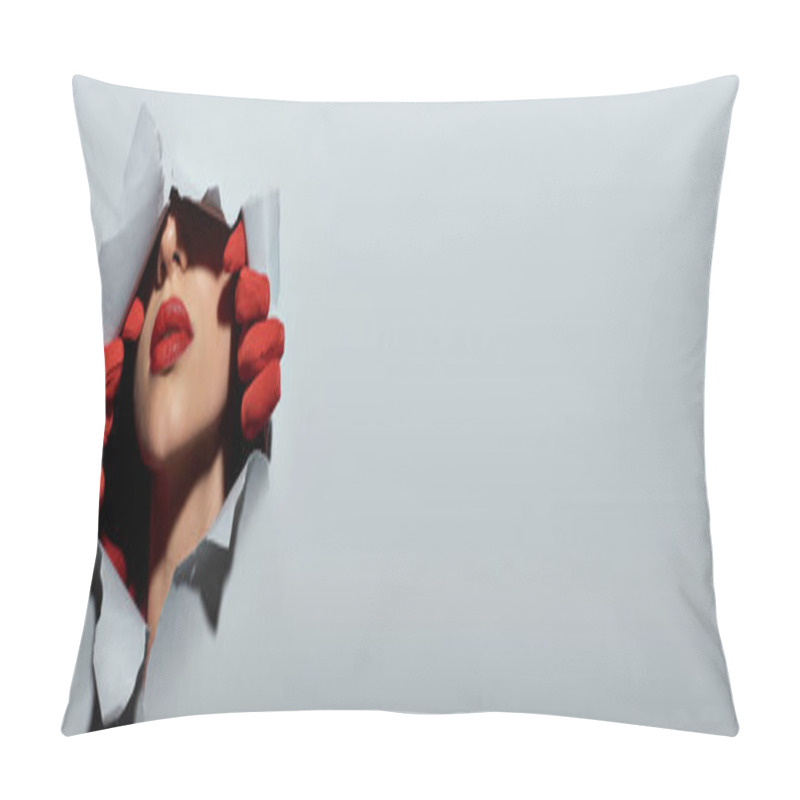 Personality  Cropped Banner Of Young Woman With Red Lips In Gloves Ripping Grey Background And Making A Hole Pillow Covers