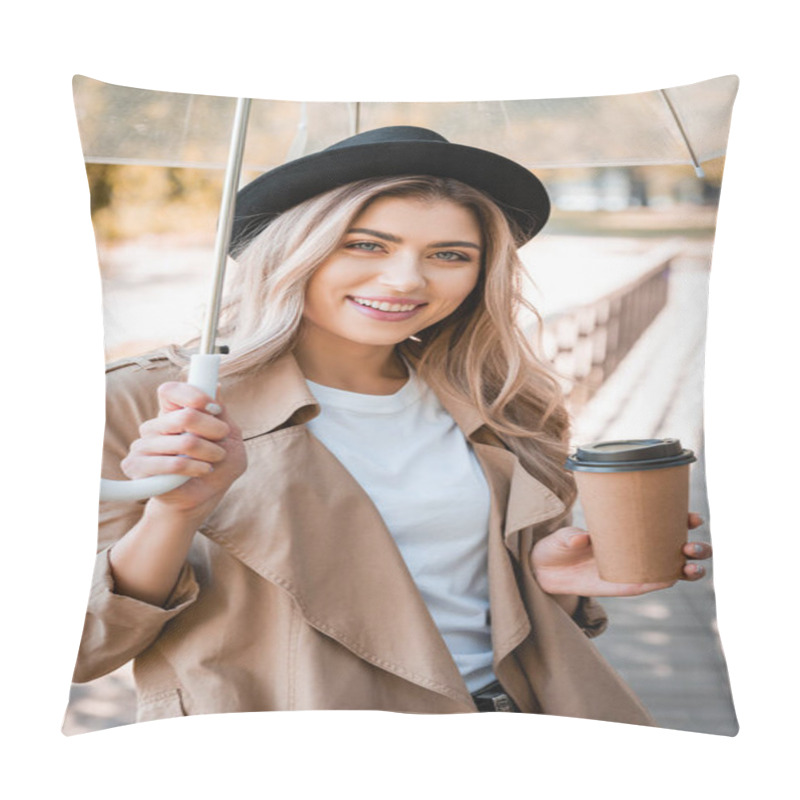 Personality  Woman In Hat Holding Umbrella And Paper Cup With Coffee To Go In Autumnal Park  Pillow Covers