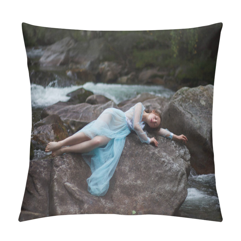 Personality  The Tale Of The Mermaid. Tale Of The River Nymph. Girl In A Blue Dress By The River. Photosession In Altai Pillow Covers