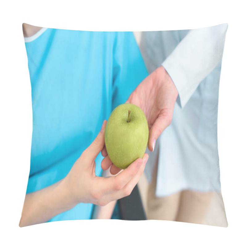 Personality  Cropped Shot Of Doctor Passing Green Apple To Pregnant Woman On Wheelchair Pillow Covers