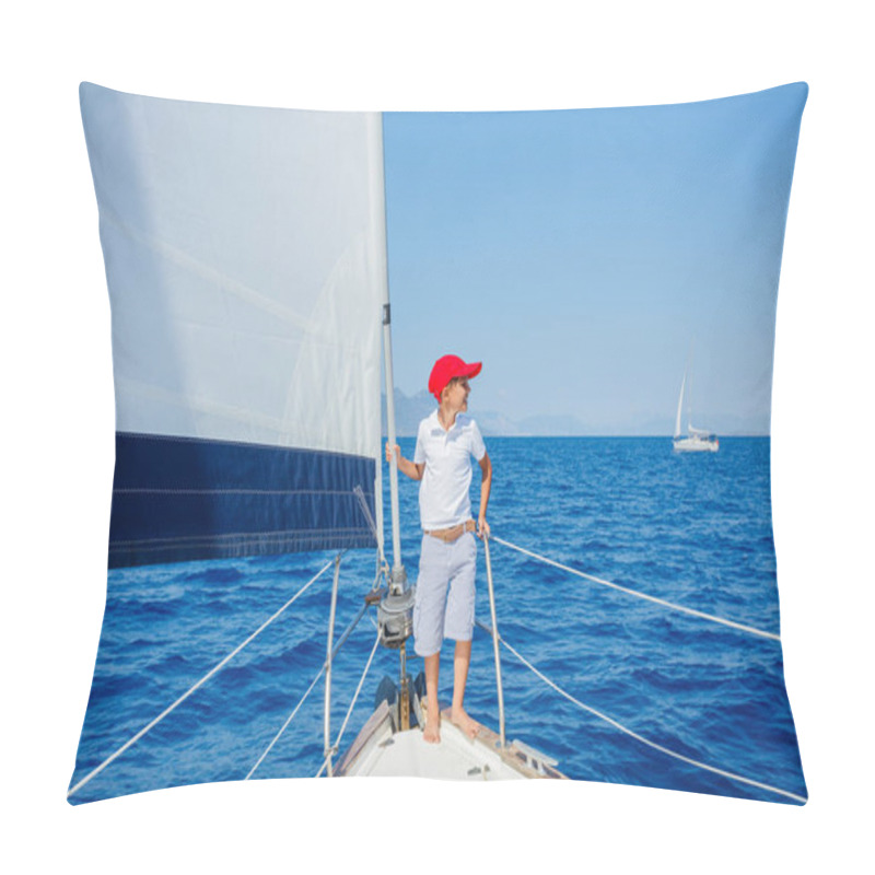 Personality  Little Boy On Board Of Sailing Yacht On Summer Cruise. Travel Adventure, Yachting With Child On Family Vacation. Pillow Covers