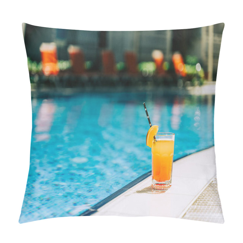 Personality  Tropical Sparkling Cocktail By The Pool. The Picture Of Glass With Orange Lemonade Fruit Cocktail Standing Near The Poolside. Summer Alcohol Free Drink By The Hotel Pool. Hello Summer Holiday Vacation Pillow Covers