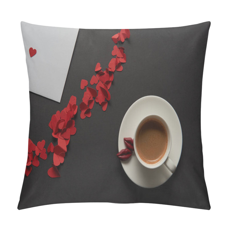 Personality  Top View Of White Greeting Card With Red Paper Cut Hearts And Cup Of Coffee  Pillow Covers