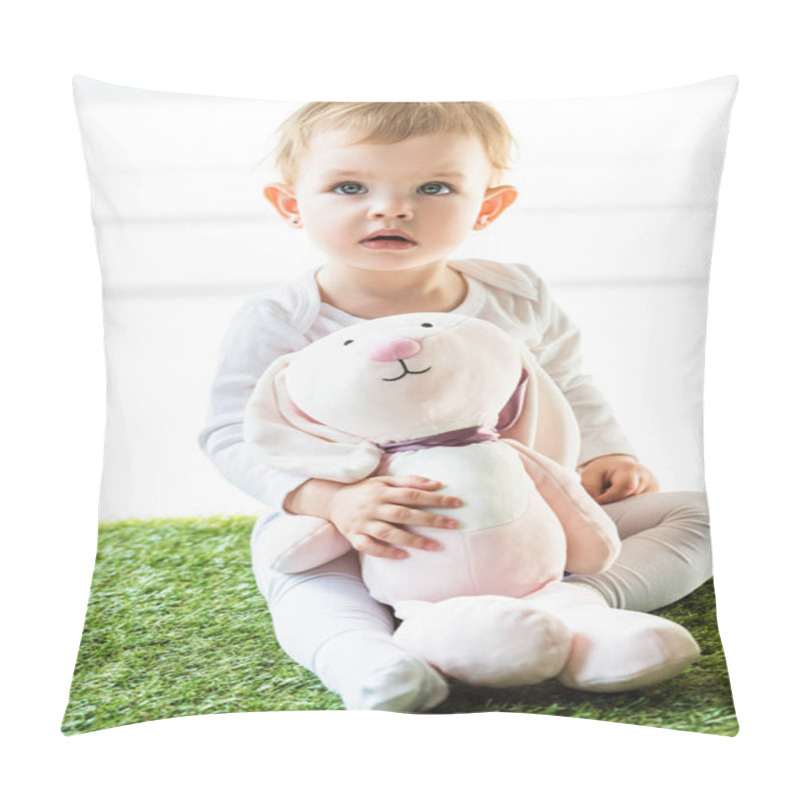 Personality  Cute Dreamy Sitting On Green Grass And Holding Toy Bunny On White Pillow Covers