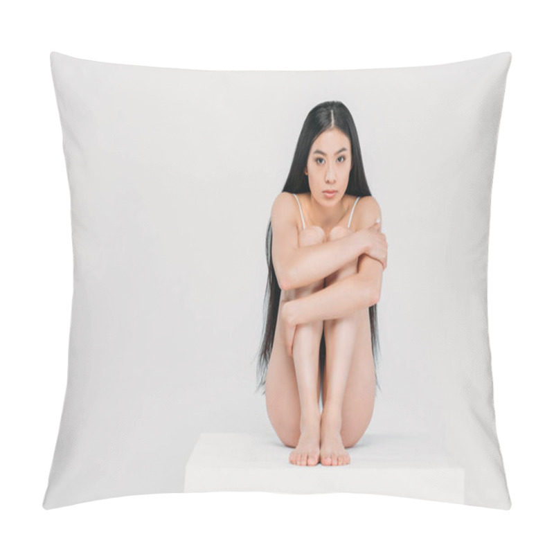 Personality  Beautiful Young Asian Woman Sitting On White Cube, Isolated On Grey  Pillow Covers