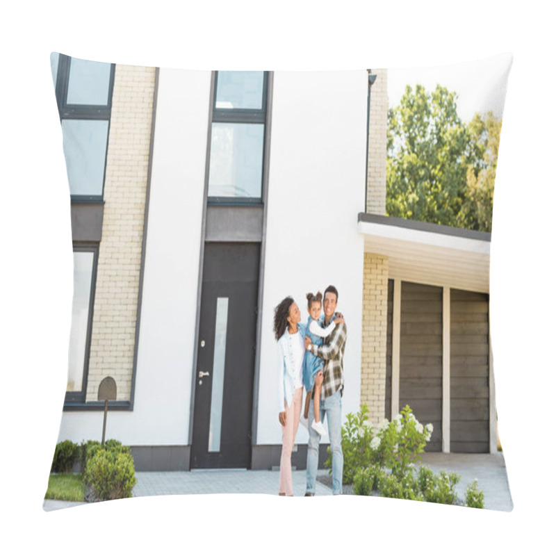 Personality  Full Length View Of African American Family Standing Near New House While Father Holding Kid  Pillow Covers