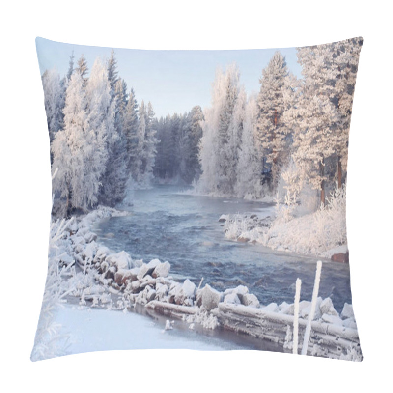 Personality  Winter Forest Picture With River And Snowy Landscape Of High Resolution Image Pillow Covers