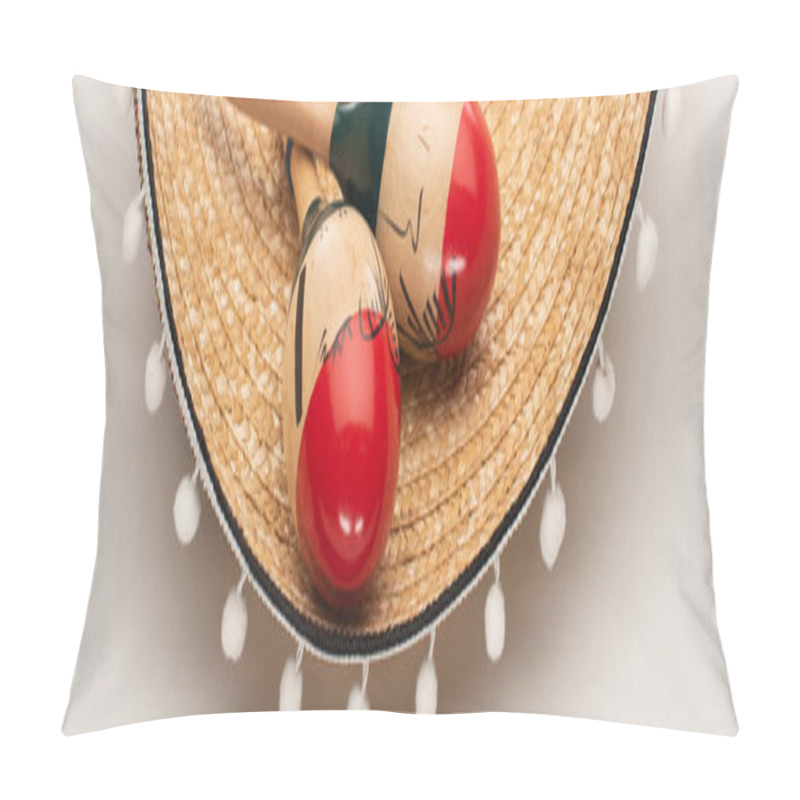 Personality  Close Up View Of Maracas On Sombrero On White Background, Panoramic Shot Pillow Covers