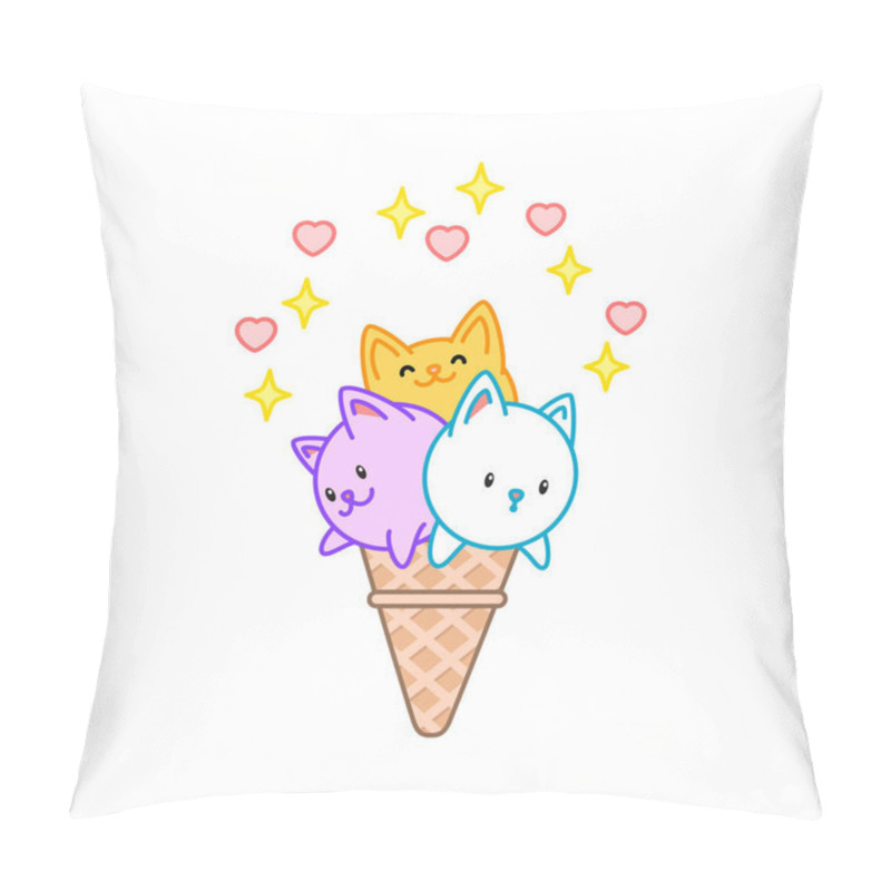 Personality  Cute Cat Ice-cream. Illustration Of A Sparkling Ice-cream Looks Like Three Kawaii Kittens Sitting In A Waffle Cone. Vector 8 EPS. Pillow Covers