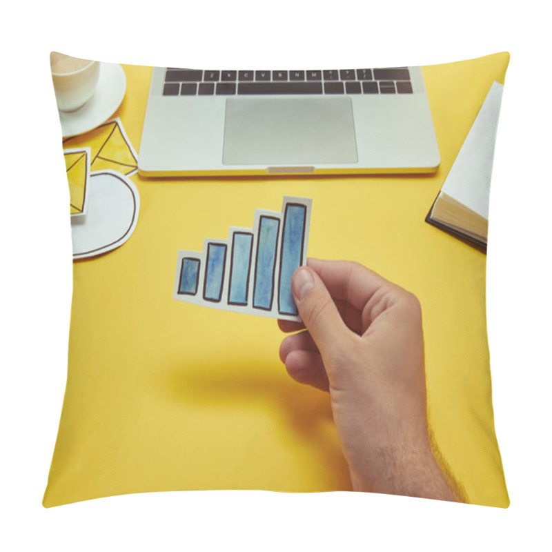 Personality  Cropped Image Of Man Holding Paper Chart Sign Near Laptop Pillow Covers