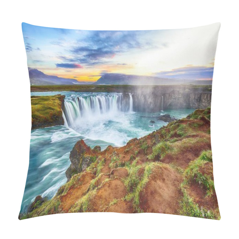 Personality  Fantastic Sunset Scene Of Powerful Godafoss Waterfall. Pillow Covers