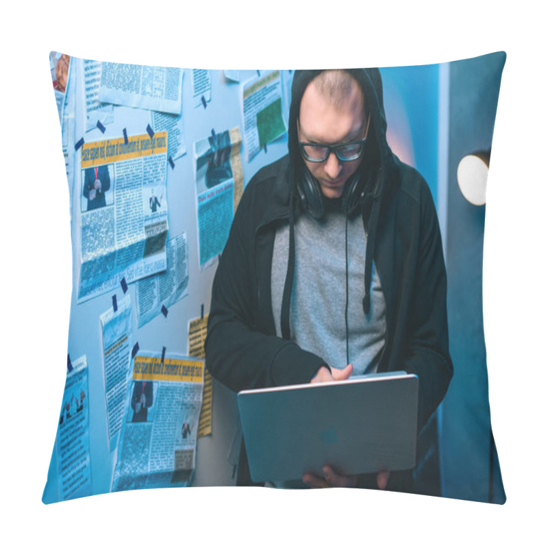 Personality  Young Hacker Developing Malware With Laptop In Dark Room Pillow Covers