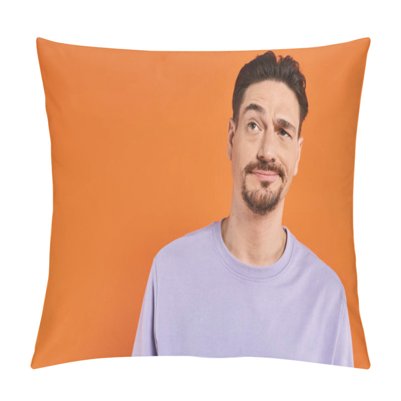 Personality  Emotion, Skeptical Bearded Man In Purple Sweater Looking Away And Thinking On Orange Background Pillow Covers