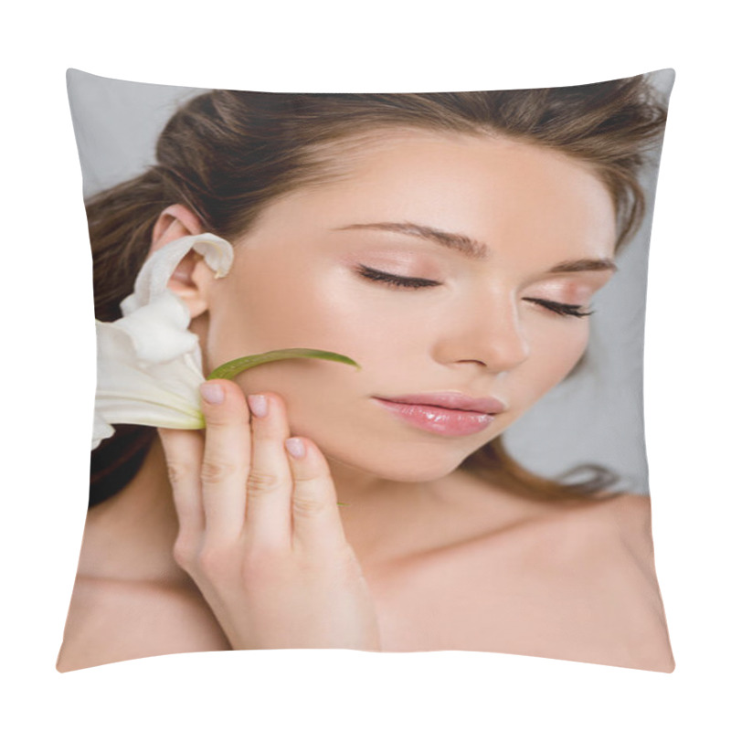 Personality  Attractive Woman With Closed Eyes Holding White Flower Isolated On Grey  Pillow Covers