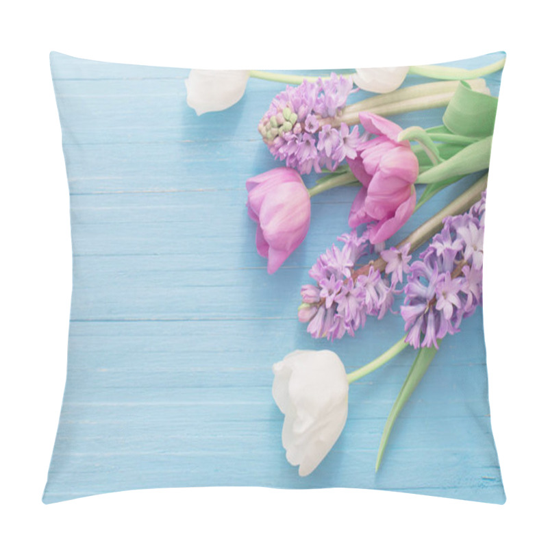 Personality  Beautiful Spring Flowers On Blue Wooden Background Pillow Covers