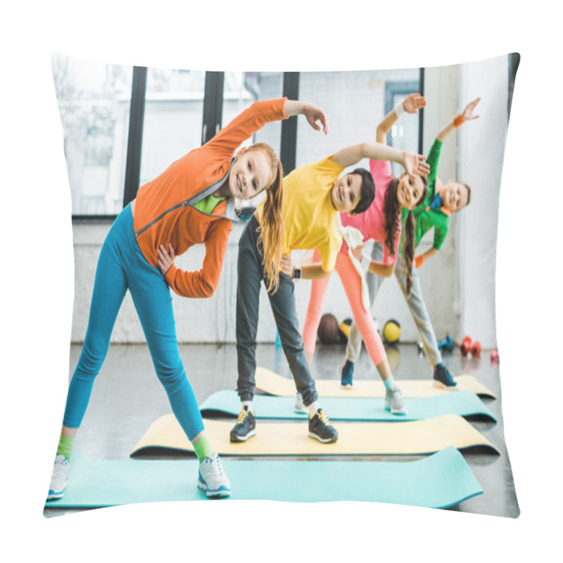 Personality  Smiling Preteen Kids Doing Sport Exercise Together  Pillow Covers