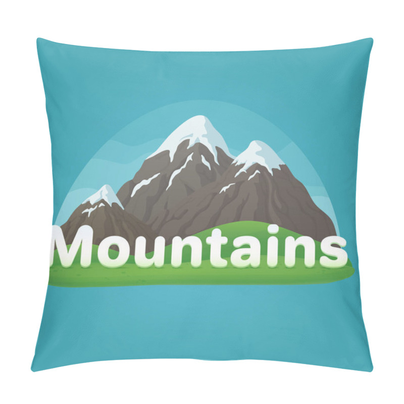 Personality  Summer, Spring Vector Icon. Snowy Mountains With Text, Green Hills And Simple Cloudy Sky On A Blue Background. Pillow Covers