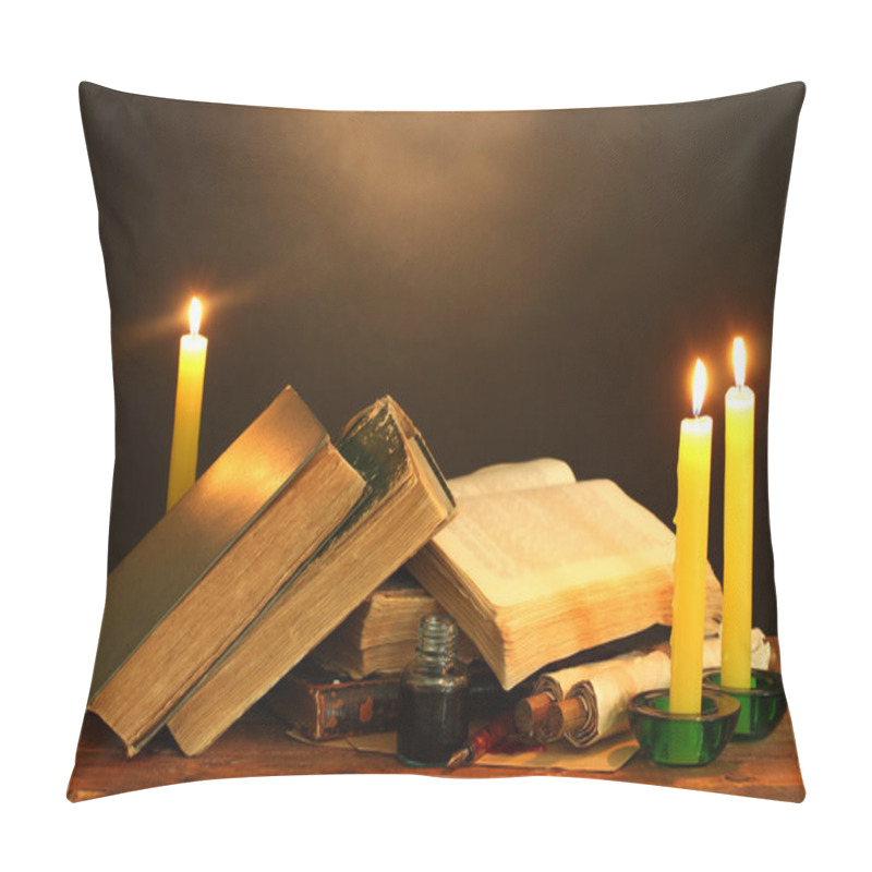 Personality  Old Books, Scrolls, Ink Pen Inkwell And Candles On Wooden Table On Brown Background Pillow Covers