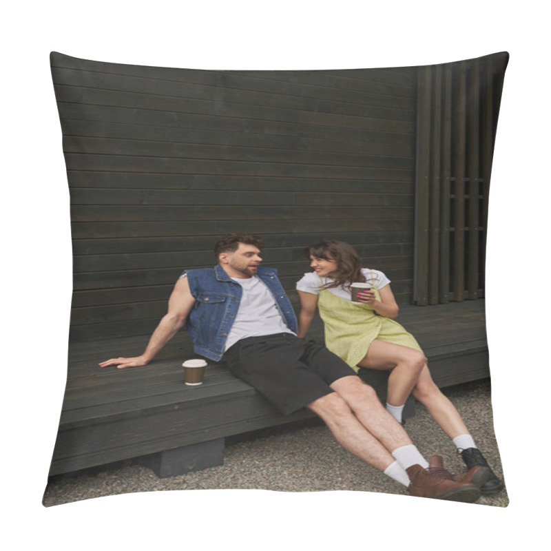 Personality  Full Length Of Cheerful Brunette Woman In Stylish Summer Outfit Holding Coffee To Go And Talking To Boyfriend While Sitting Together Near Wooden House In Rural Setting, Carefree Moments Concept Pillow Covers