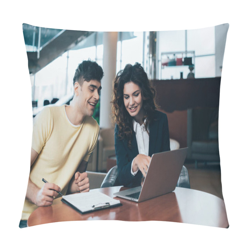 Personality  Smiling Customer And Car Dealer Seating At Table In Car Showroom Pillow Covers