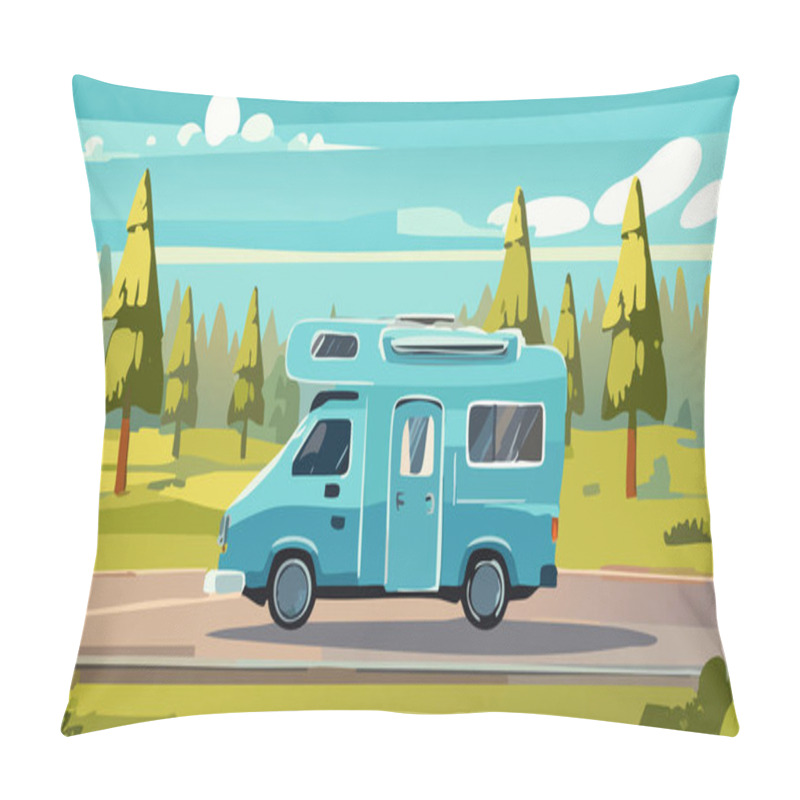 Personality  Camping Trailer Vector Illustration In Flat Cartoon Style. Camper Vehicle On Road In Forest. Pillow Covers