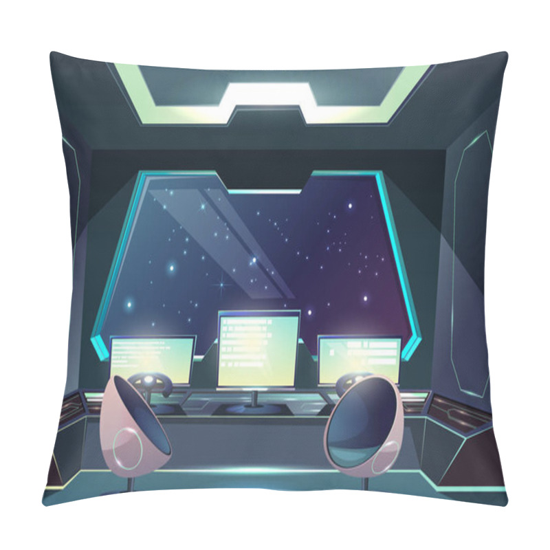 Personality  Future Spaceship Captains Bridge, Command Post Interior Cartoon Vector Illustration With Pilot Steering Wheel Or Helm In Front Of Control Screen, Futuristic Armchairs And Starry Space Outside Porthole Pillow Covers