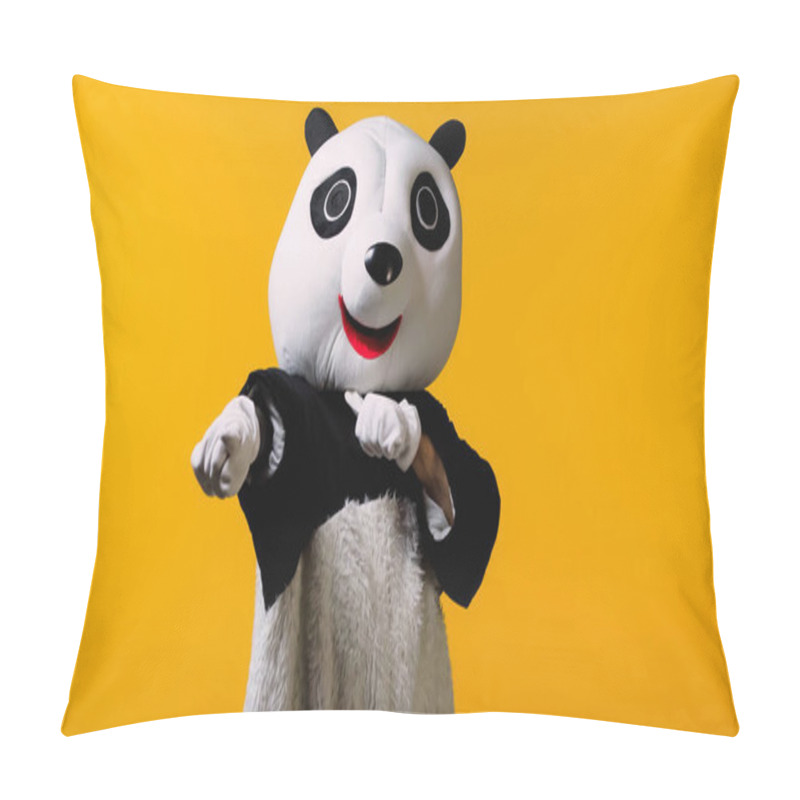 Personality  Person In Panda Bear Costume Threatening While Pointing At Camera Isolated On Yellow Pillow Covers