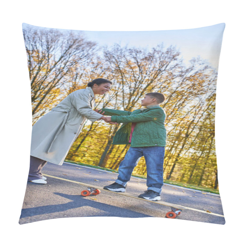 Personality  Happy Childhood, African American Mother And Son On Penny Board, Woman And Boy, Hold Hands, Autumn Pillow Covers