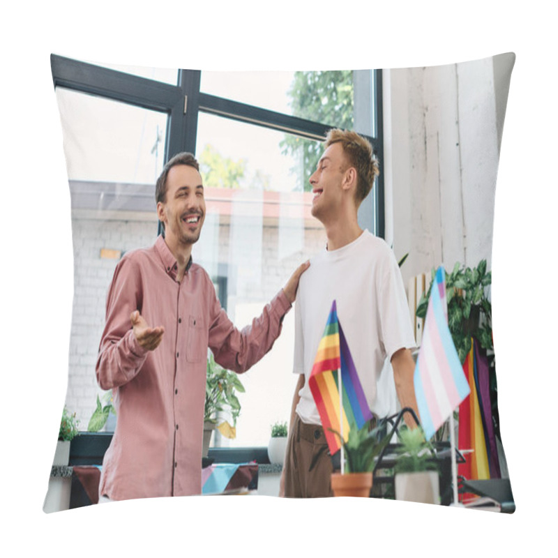 Personality  A Pair Of Cheerful Men Share A Lighthearted Moment, Surrounded By Vibrant Decor And Greenery. Pillow Covers