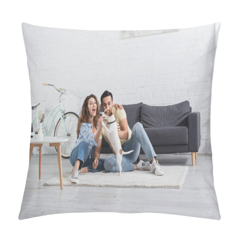 Personality  Amazed Woman Feeding Dog Near Muslim Boyfriend At Home Pillow Covers