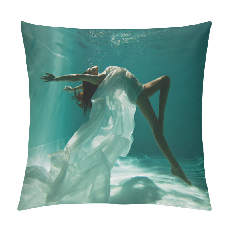 Personality  Barefoot Woman In White Elegant Dress Swimming In Pool  Pillow Covers