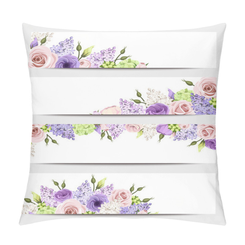 Personality  Web Banners With Pink, Purple And White Roses And Lilac Flowers. Vector Eps-10. Pillow Covers