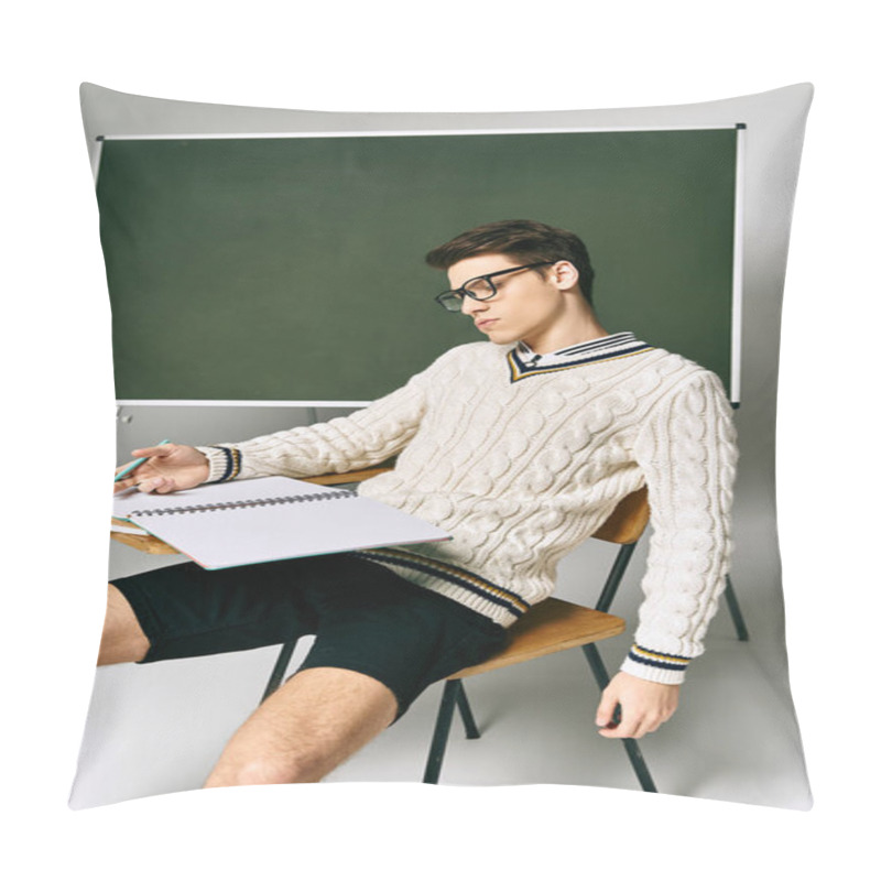 Personality  Handsome Student In Uniform Sitting In Front Of A Green Board In A College Setting. Pillow Covers