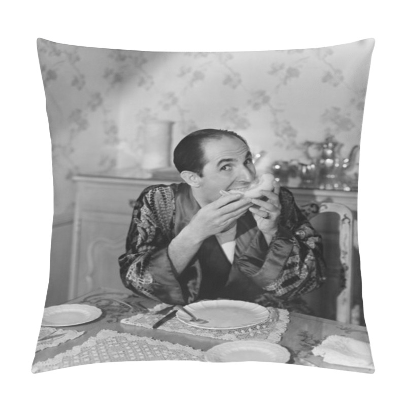 Personality  Portrait Of A Mature Man Sitting At The Dining Table And Eating Fruit Pillow Covers