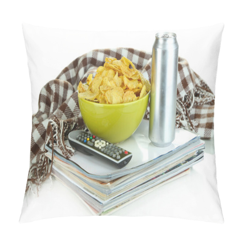 Personality  Chips In Bowl And TV Remote Isolated On White Pillow Covers