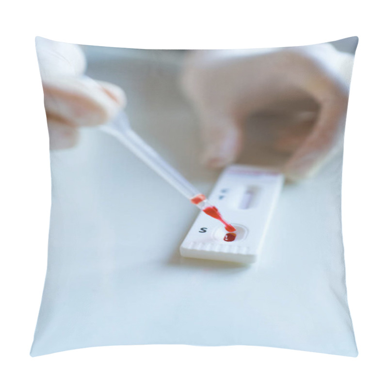 Personality  Doctor Hands In Gloves Doing Rapid Test For Viral Disease COVID-19, 2019-nCoV, Dripping Blood On Lab Card Kit Test. Testing For Presence Of Coronavirus. Pillow Covers