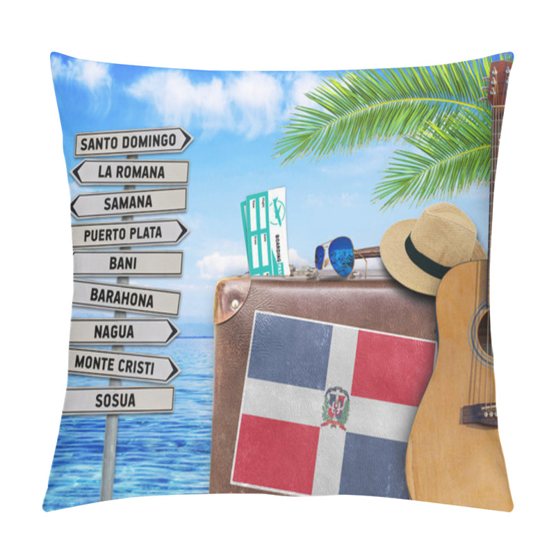 Personality  Concept Of Summer Traveling With Old Suitcase And Dominican Republic Town Sign Pillow Covers