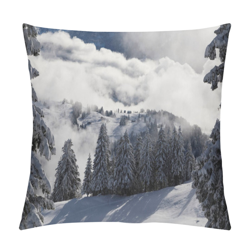 Personality  View Between Two Snow-covered Fir Trees Towards Moutathal In Central Switzerland Pillow Covers