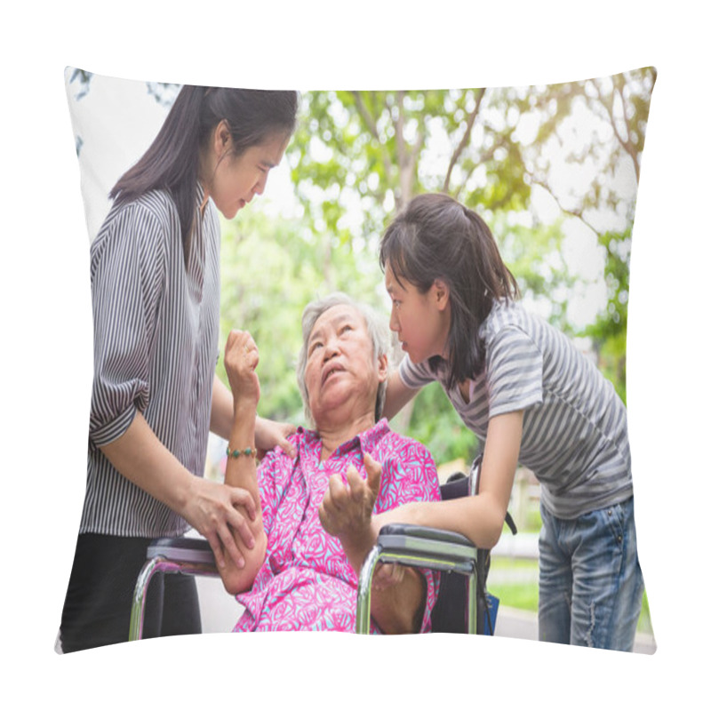 Personality  Sick Senior Grandmother In Wheelchair With Epileptic Seizures In Outdoor,elderly Patient Convulsions Suffering From Illness With Epilepsy During Seizure Attack,asian Daughter,granddaughter Crying,family Care Concept Pillow Covers