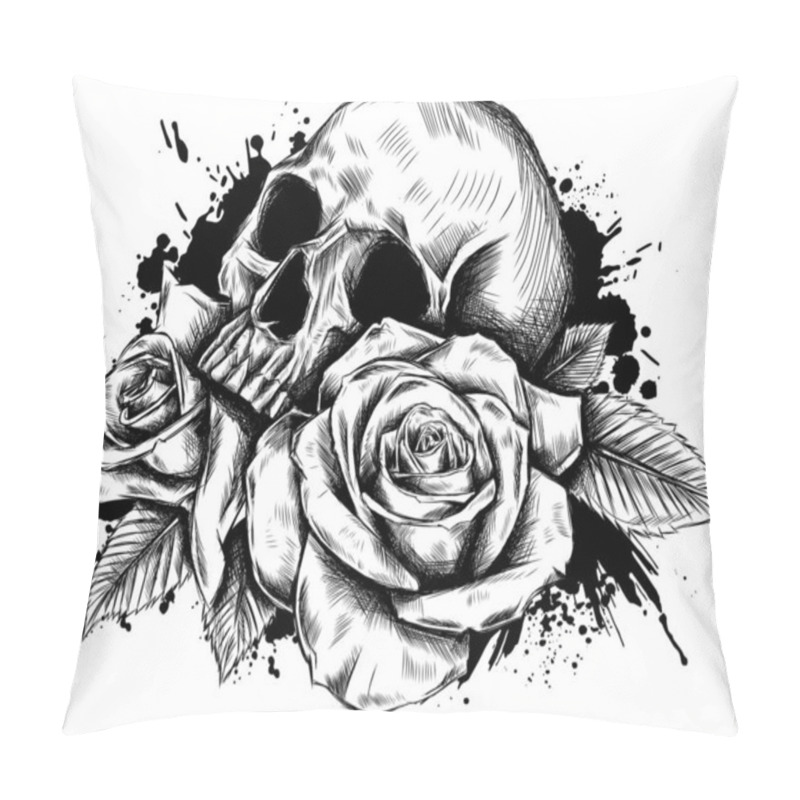 Personality  Skull With Flowers, With Roses. Drawing By Hand Pillow Covers