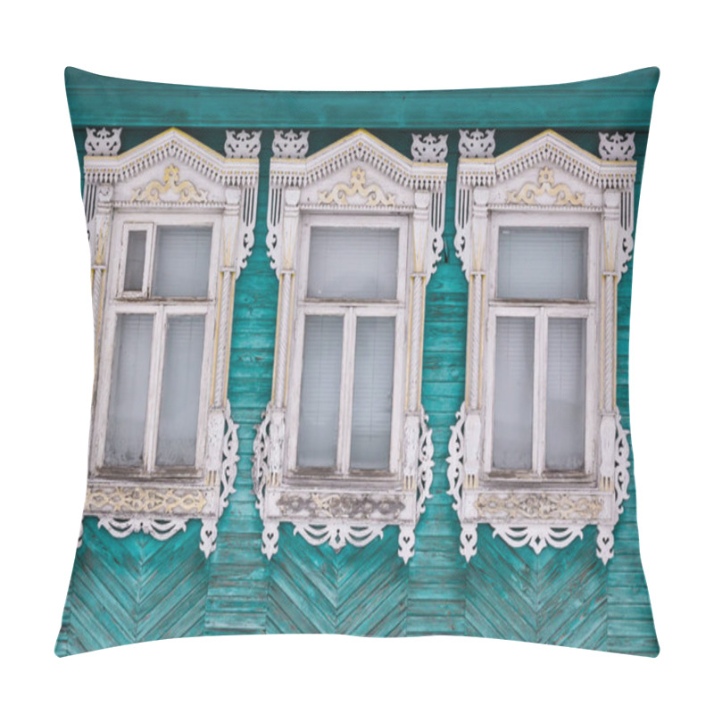 Personality  Green Painted Facade Of A Wooden House. Three Windows With White Decorative Wood Carving Frame.  Frost On Windows.. Russian Folk Style. Front View Close Up. Pillow Covers