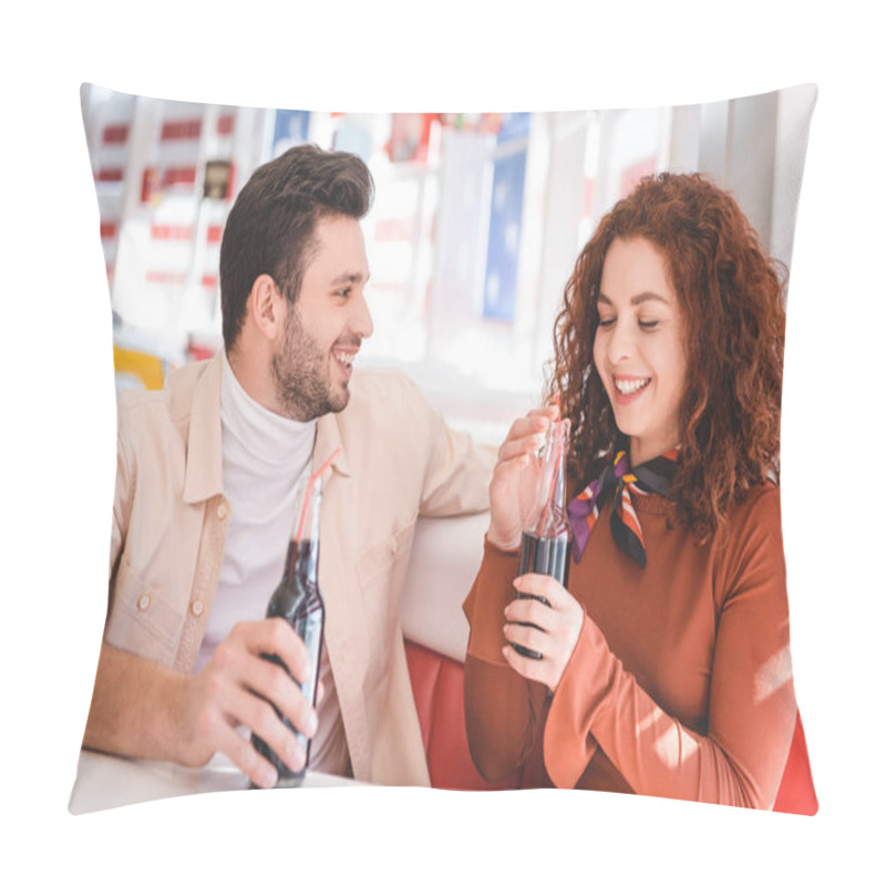 Personality   Couple Smiling And Holding Glass Bottles With Soda At Cafe  Pillow Covers